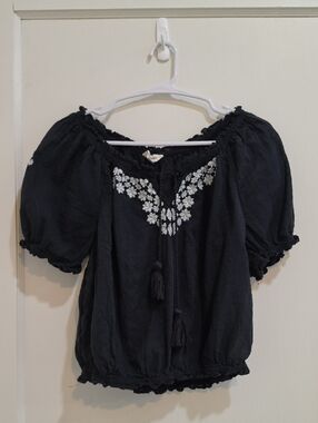 Lucky Brand Black Embroidered Peasant Top with Tassel Tie